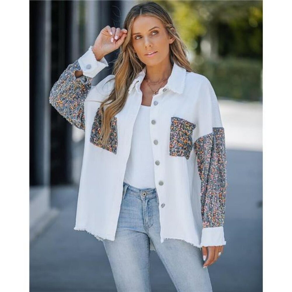 Sequin Patchwork Oversized Denim Shacket Long Sle… - image 3